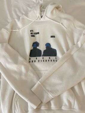 Drake and 21 Savage White Graphic Pullover Hoodie with Black-and-Blue Tour Print